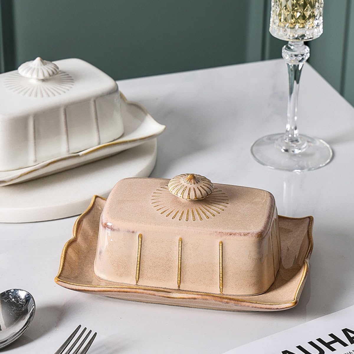 VALICLUD Beurrier Plat à Beurre Rectangulaire Khaki en Céramique avec Couvercle Conserve la Fraîcheur et Réduit Odeurs pour Maison et Restaurants au Réfrigérateur