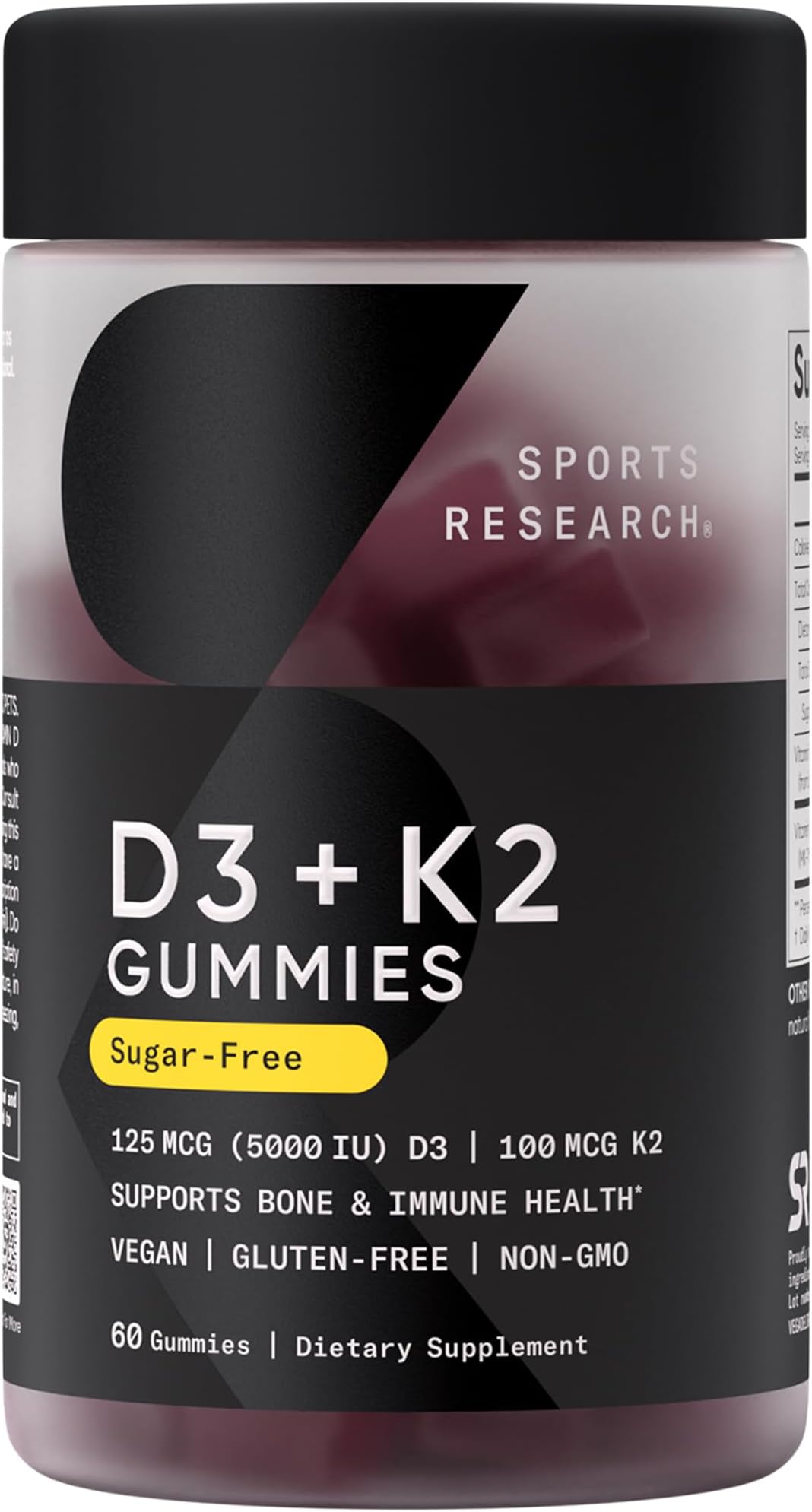 Sports Research® Vegan Vitamin D3 + K2 Sugar-Free Gummies - 125mcg (5000iu) Vitamin D w/ 100mcg Mk7 Vitamin K - Supports Bone & Immune Health* - Vegan Certified · Non-GMO · Soy Free - 60 Count