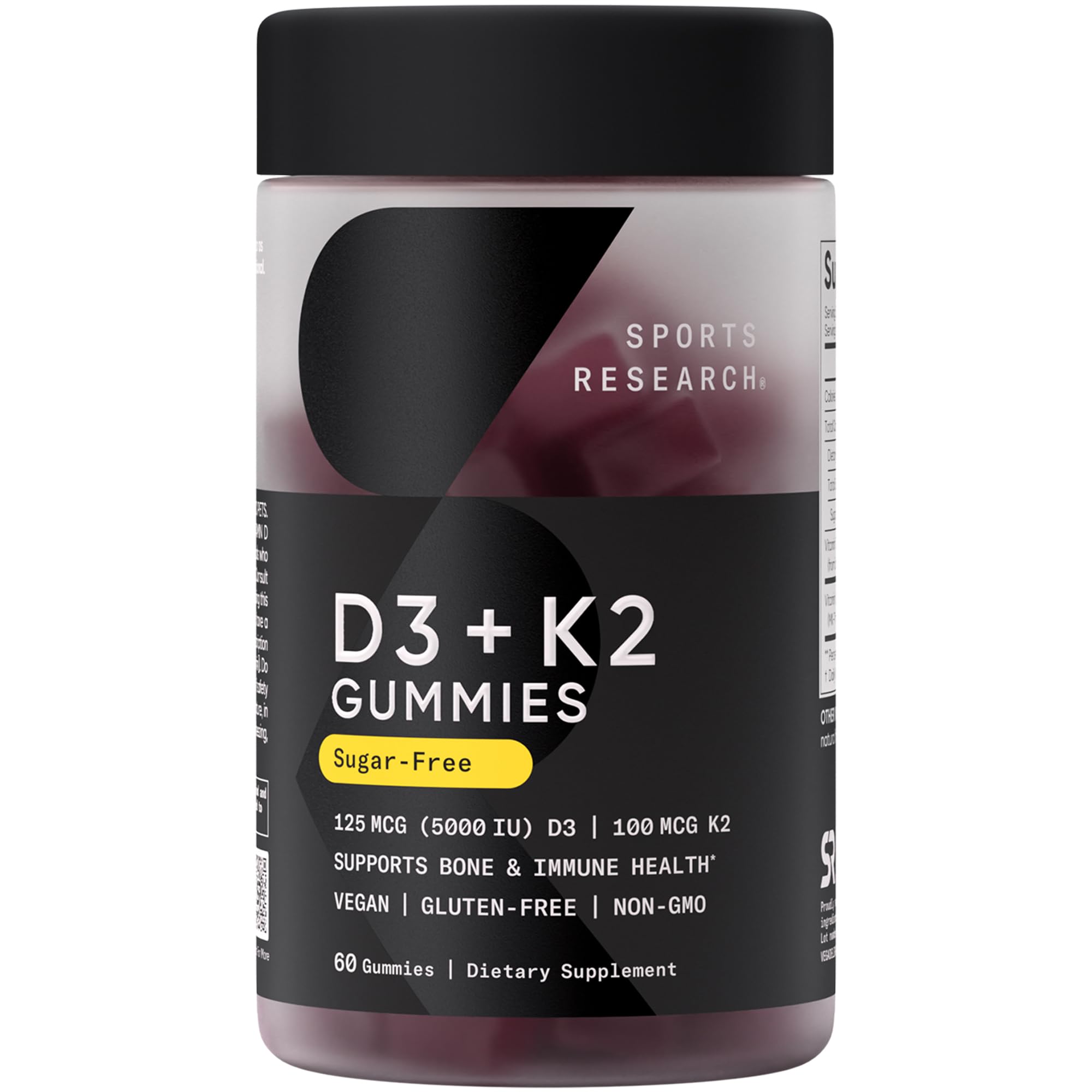 Vegan Vitamin D3 + K2 Gummy Supplements - 5000iu Vitamin D with 100mcg Mk7 Vitamin K - Supports Bone& Immune Health* - 60 Gummies for Adults, for Women, 1 Month Supply