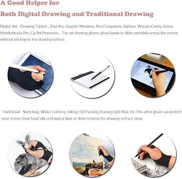 Artist's Digital Art Glove for Graphic Tablets & Paper Sketching - 3-Layer Palm Rejection, Smudge Guard (2 PCS, Small)