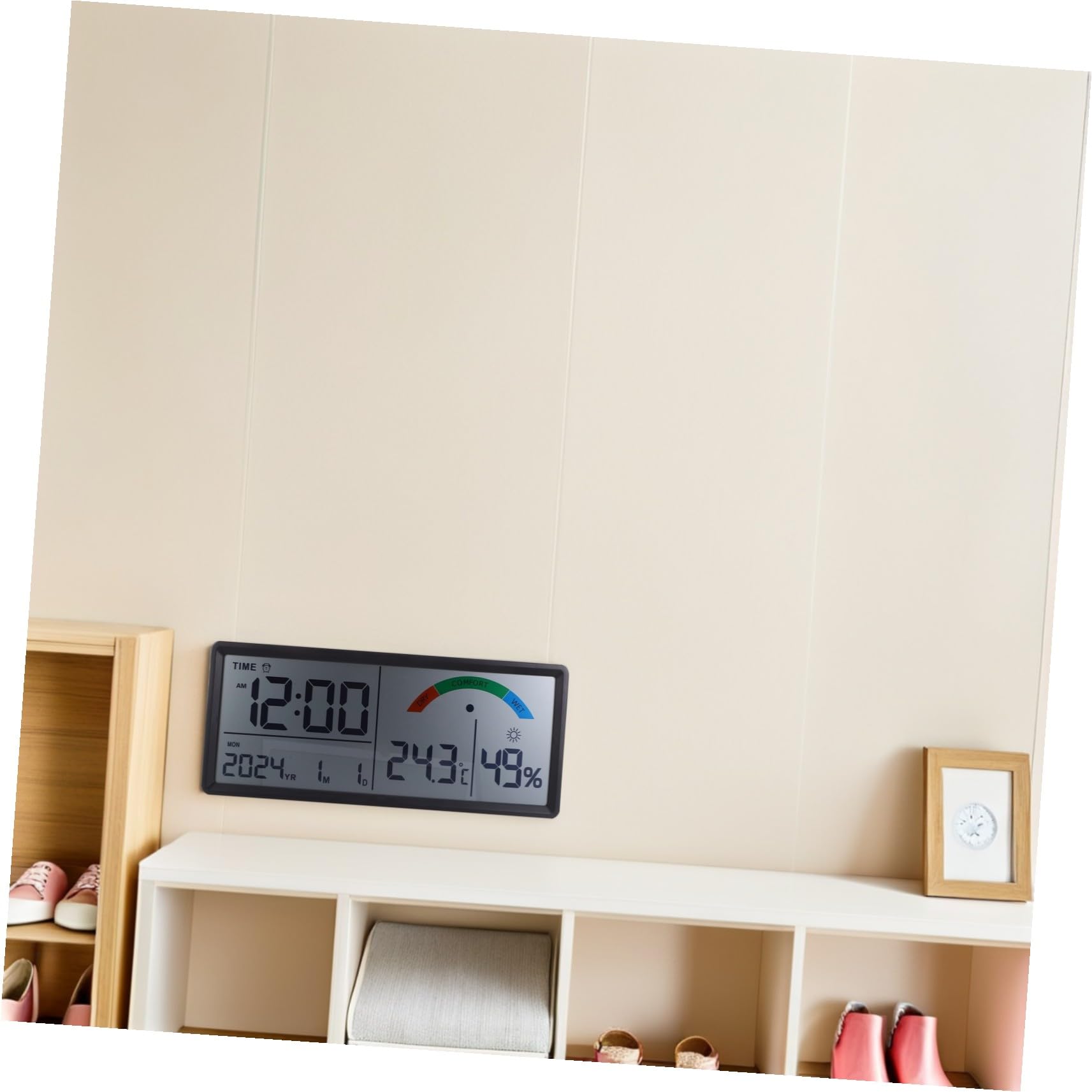 Mikikit Reloj Digital de Pared con Pantalla LCD Grande de Termohigrómetro Integrado con Alarma Temperatura Humedad Fecha y Día Multifuncional para Sala y Escritorio