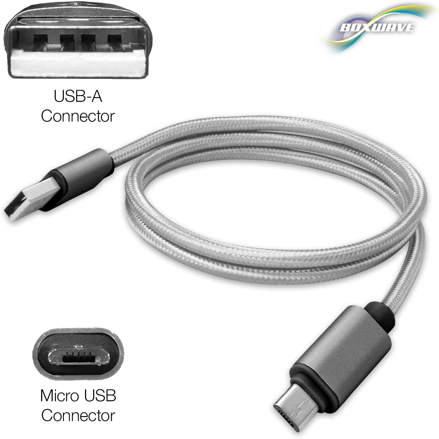 Graphic showing the USB-A Connector and Micro USB Connector ends of the BoxWave DuraCable.