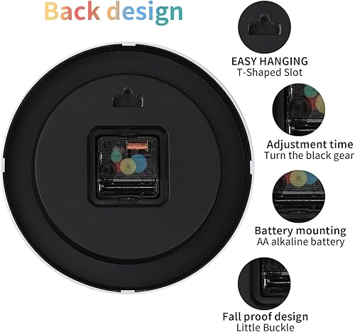 Miniatura 4 de Reloj de pared moderno y colorido para niños, pequeño, analógico, silencioso, redondo, simple, silencioso, de cuarzo, negro, funciona con pilas, sin