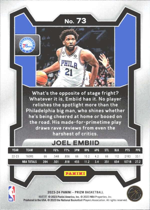 Amazon.com: 2023-24 PANINI PRIZM #73 JOEL EMBIID PHILADELPHIA