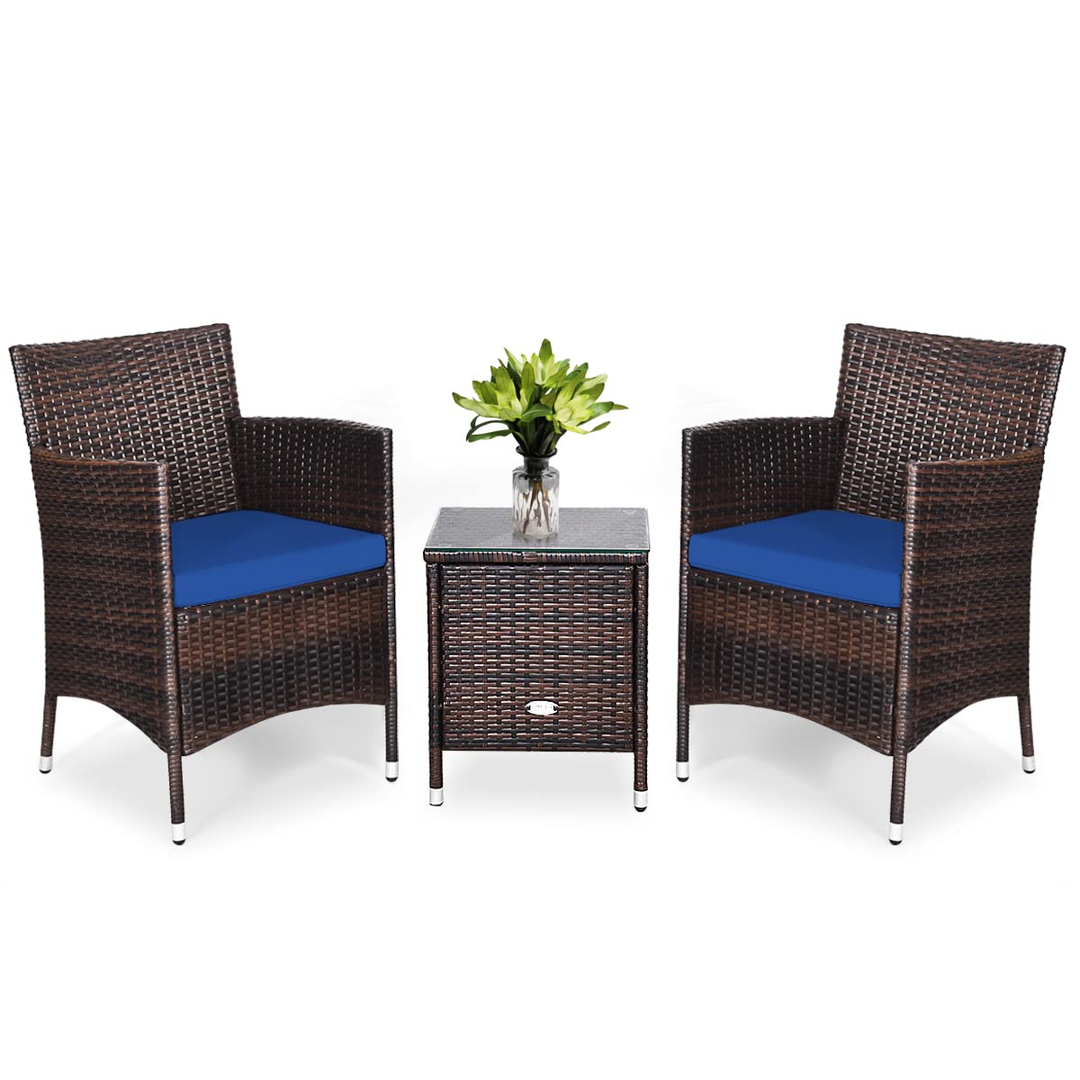 Condition photo showing New/Like New for costway 3 pcs patio furniture set, outdoor wicker conversation set with tempered glass coffee table, seat cushions, rattan wicker chairs for poolside balcony porch backyard, navy