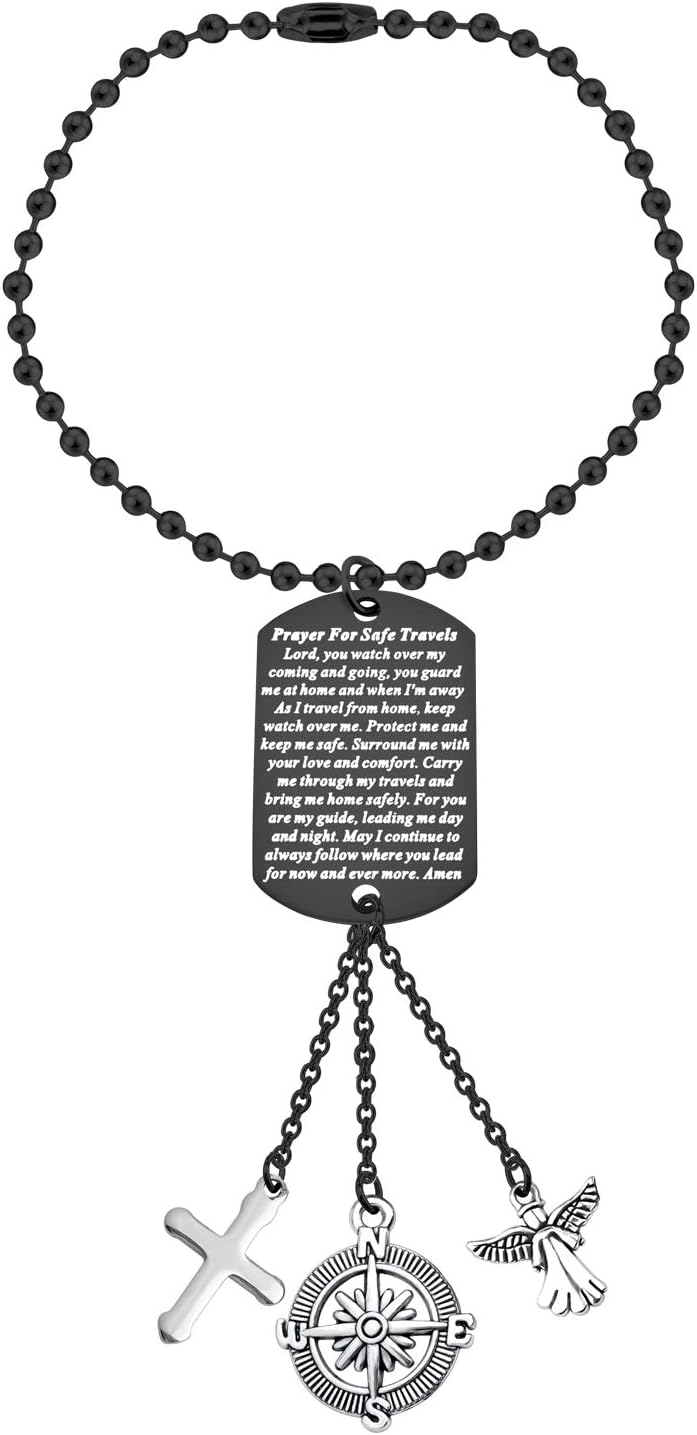AKTAP Guardian Angel Car Pendant Prayer for Safe Travels - Black Stainless Steel Hanging Ornament for Car Interior - Rear View Mirror Gift for Divers