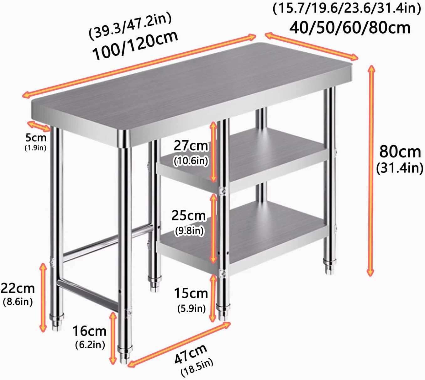 Stainless Steel Prep Table, Multifunction Kitchen Worktop, Food Prep Worktable with Adjustable Feet, Heavy Duty Prep Worktable for Restaurant Kitchen Home Hotel(L100xW80cm/39.3x31.4in)