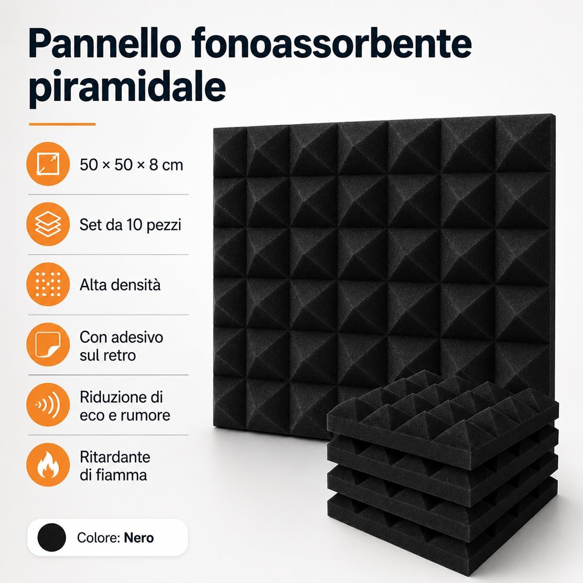 Pannelli Fonoassorbenti Piramidali 50×50×8 cm – Set da 10 Pannelli Autoadesivi per Riduzione Rumore, Comfort Acustico Casa, Gaming Room, Home Studio, Sala Podcast – Nero Rivestito
