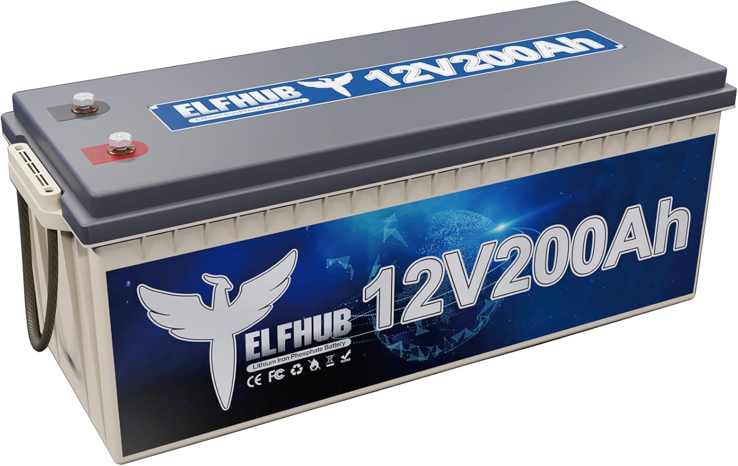 Elfhub Batteria al litio LiFePO4, 12 V, 200 Ah, 200 A, BMS, batteria al