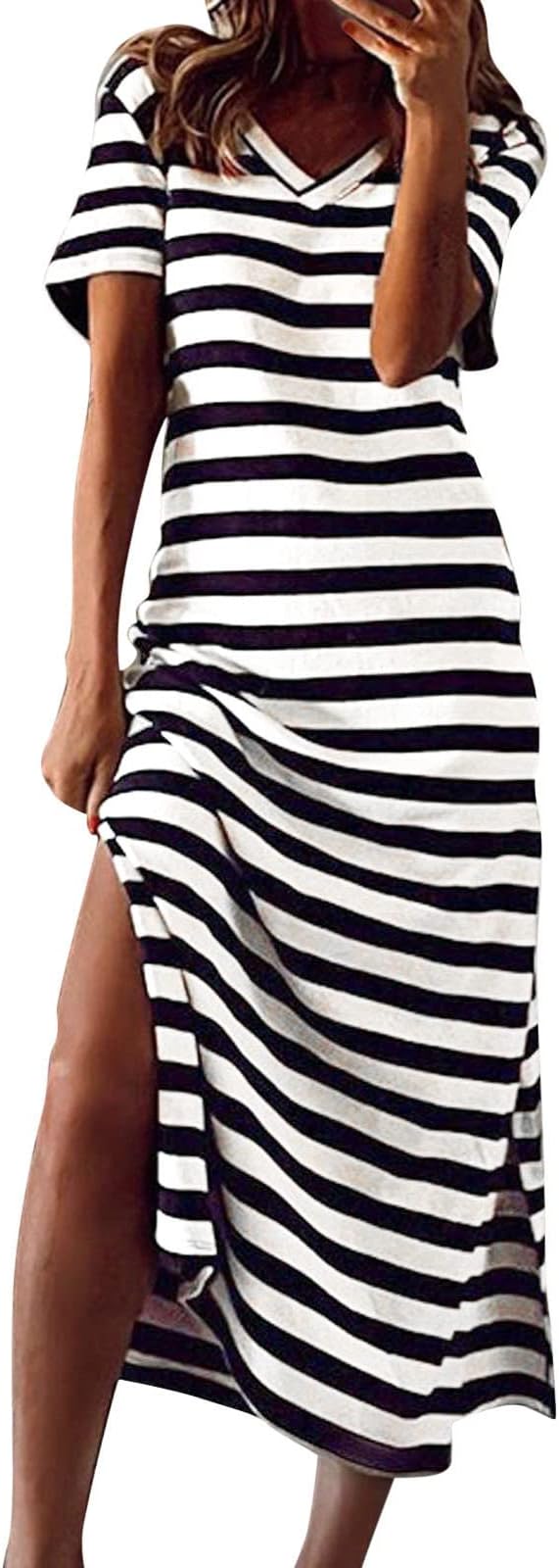 Women Summer Loose Fitting T-Shirt Beach Sun Dress Casual Short Sleeve Striped High Waist Side Slit Maxi Dresses