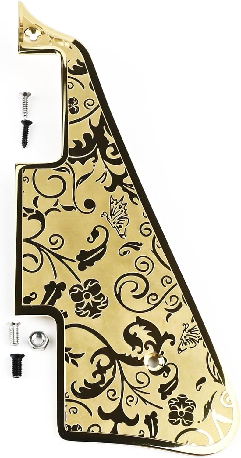 Stainless Steel LP Pick Guard Scratch Plate 2-Hole Mount Engraved Metal Electric Guitar Pickguard Compatible with Epiphone Epi Les Paul Style Guitar Replacement Parts(Gold)