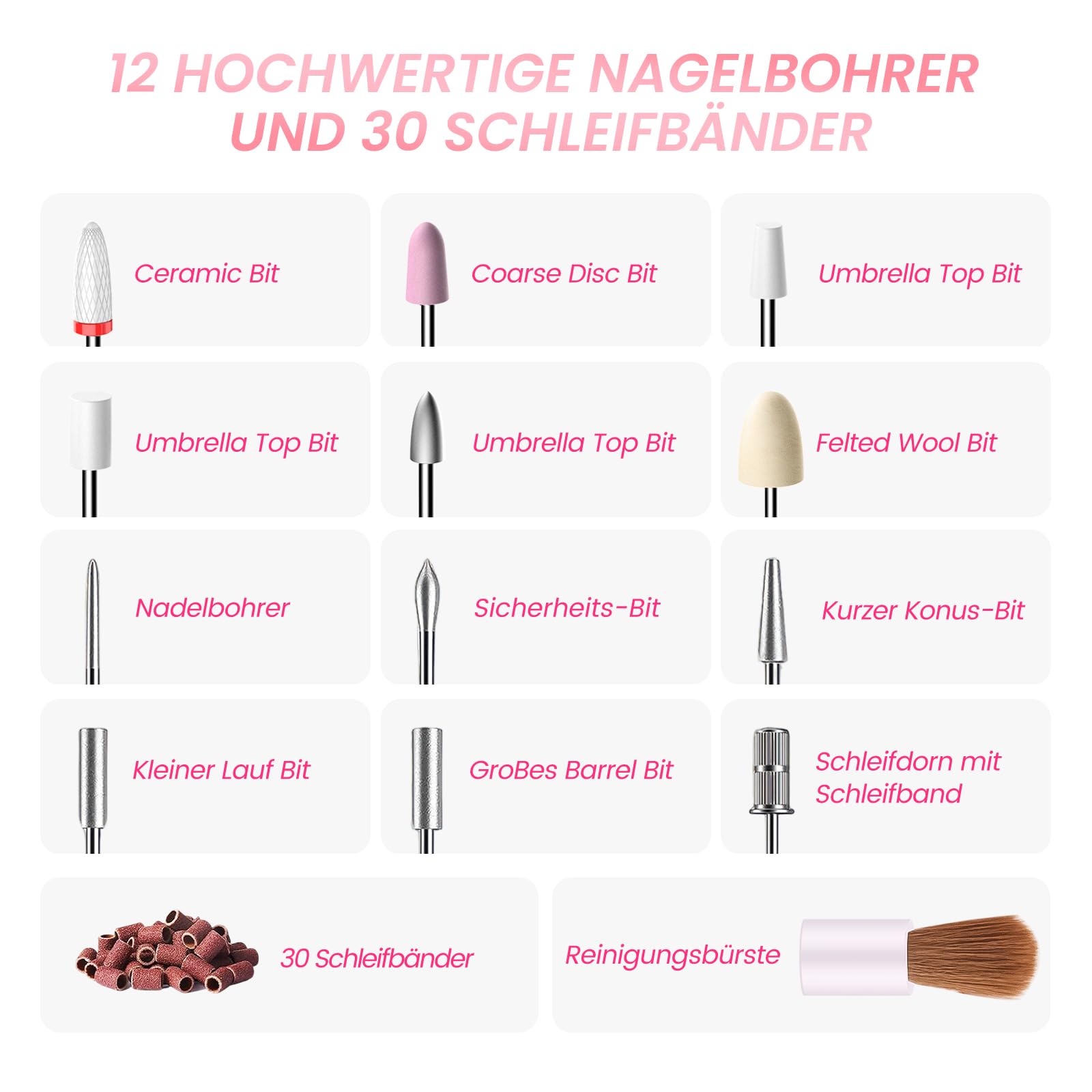 15 in 1 Elektrische Nagelfeile Kabellos 35.000 U/Min, Nagelfräser für Gelnägel Regelbare Geschwindigkeit und Richtung für Anfänger - Rosa