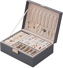 Boîte à Bijoux, Mtianxy Femme Double Couche PU Cuir Boîte de Rangement pour Bagues Boucles D'oreilles Bracelets Colliers Organisateur de Bijoux Boîte Cadeau pour les Filles Femmes （Gris）