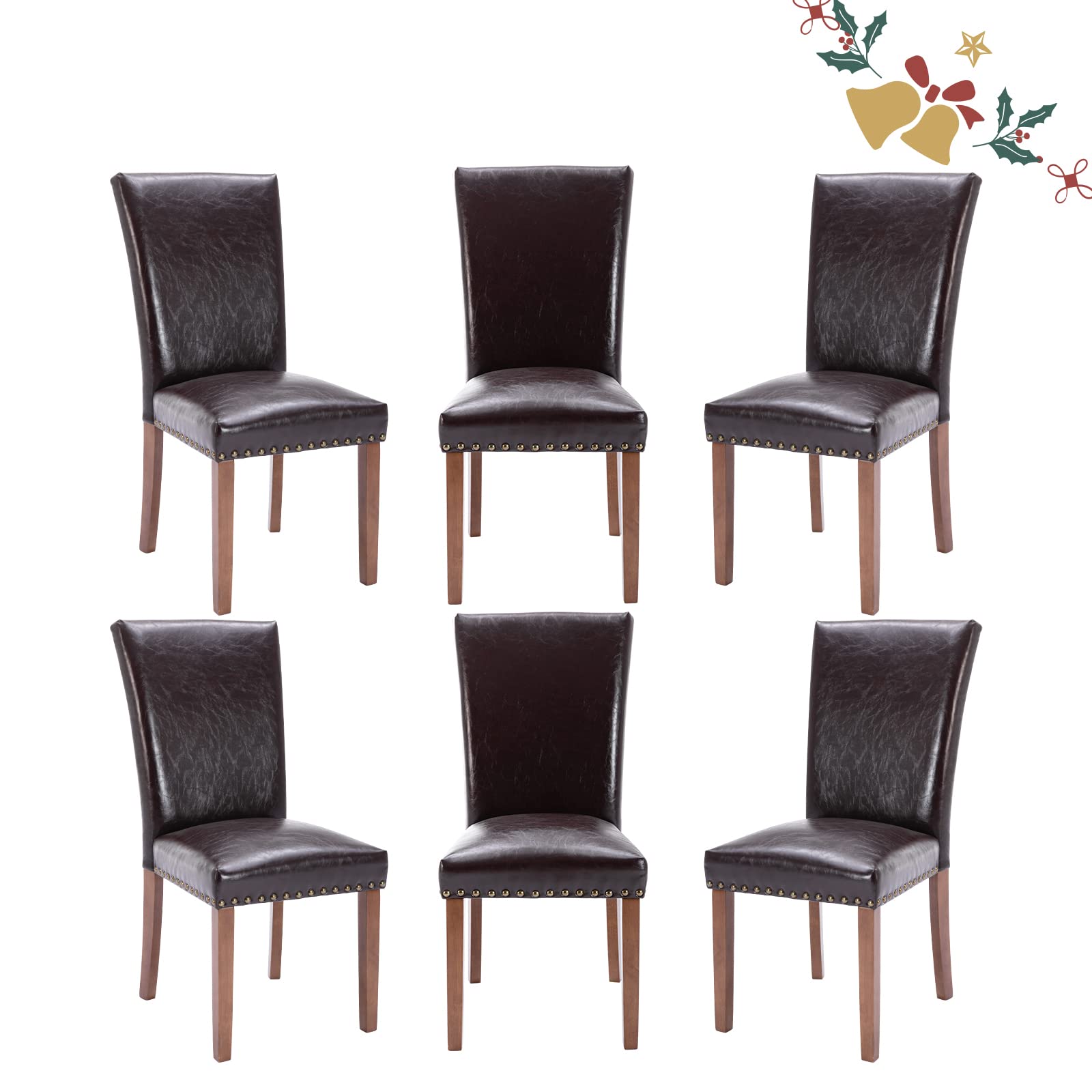 PU Leather Dining Chairs Set of 6, Upholstered Parsons Dining Room Kitchen Side Chair with Nailhead Trim and Wood Legs - Dark Brown