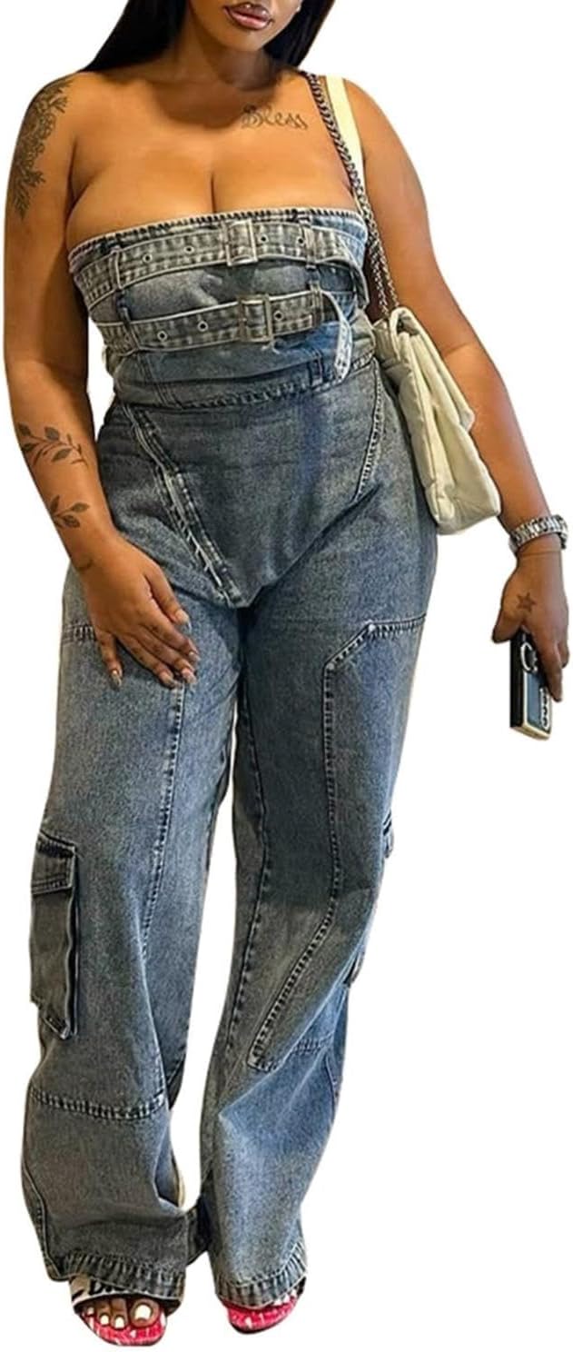 [WBRSybUK] レディースジャンプスーツ セクシー オフショルダー チューブデニム カーゴ ワイドレッグ バギージーンズ パン