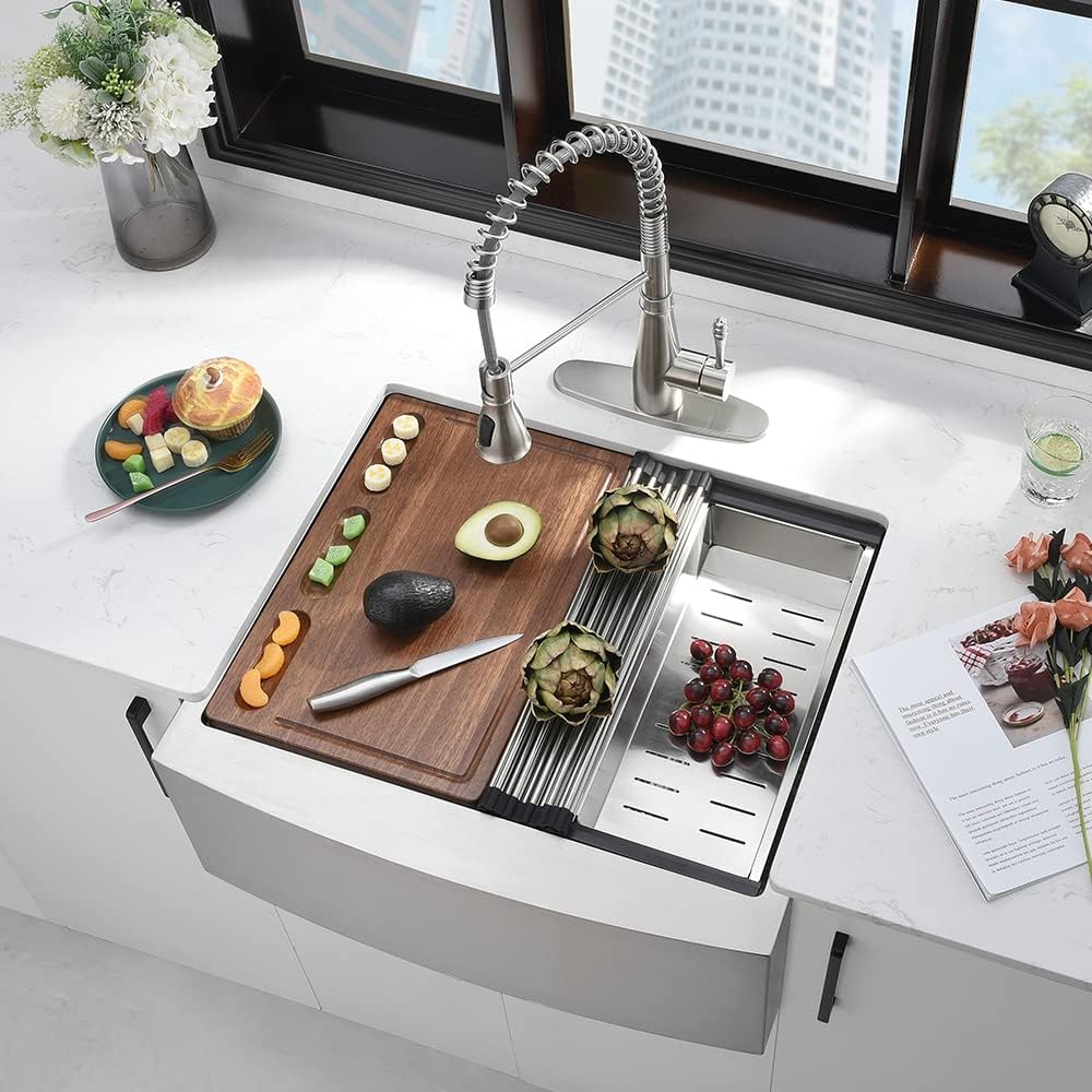 27 Inch Stainless Steel Farmhouse Sink-iAnomla 27 x22 Apron Front Farm Sink Ledge Workstation 16 Gauge Stainless Steel Single Bowl Kitchen Farm Sinks with Cutting Board & Drain & Grid