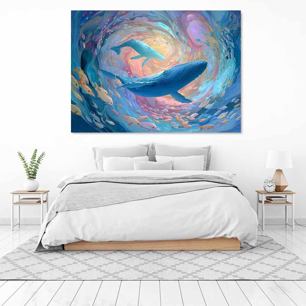 WUFIEA Ogólny abstrakcyjny obraz na płótnie wieloryb i wir morski do salonu sypialni biura dekoracja (niebieski 50) - 60 x 80 cm oprawiony
