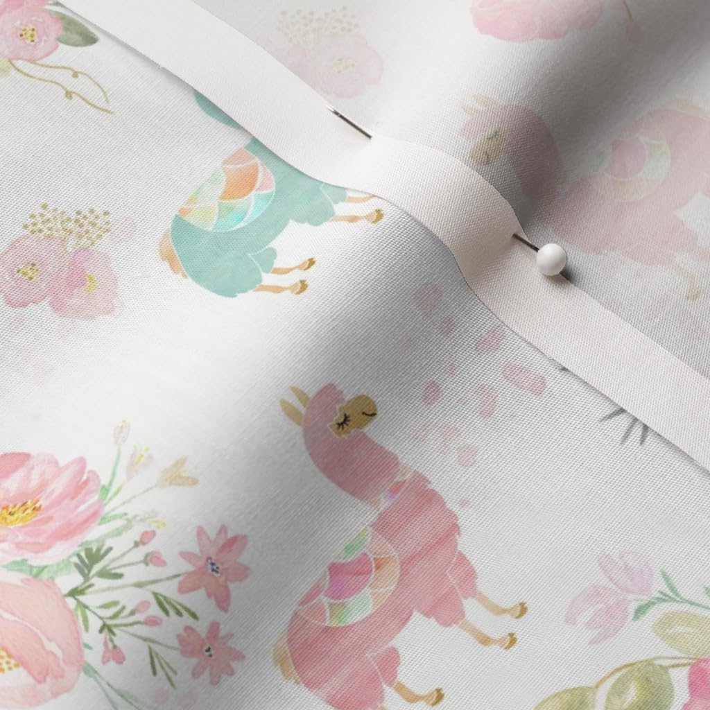 Spoonflower Fabric - Flora Llama Bouquet Pink Flowers Girls Watercolor Pastel Printed on Cotton Poplin Fabric by The Yard - Sewing Shirting Quilting Dresses Apparel Crafts