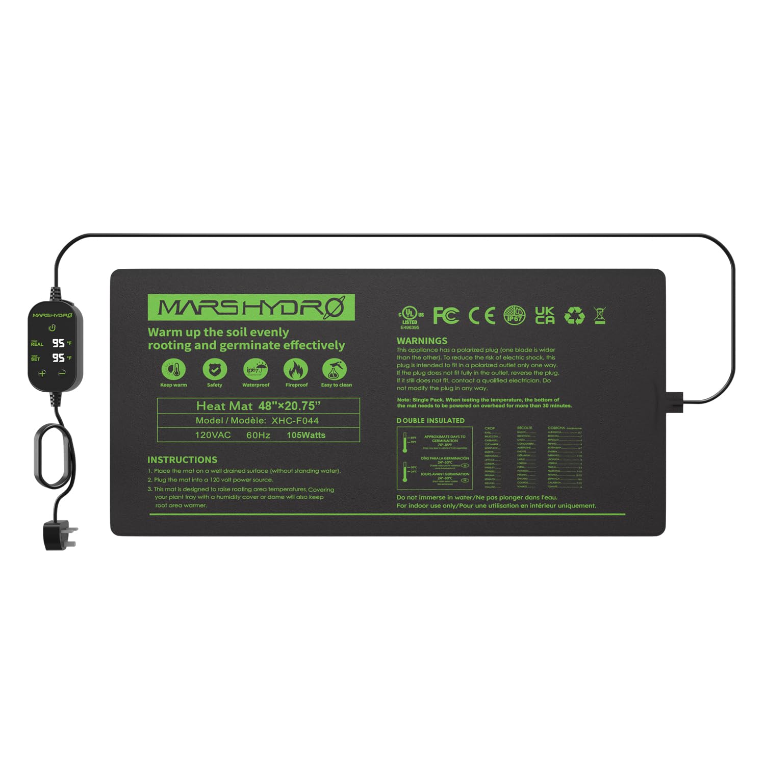 MARS HYDRO Tapis chauffant pour plantes avec thermostat pour jardin terrarium, tapis thermique pour semis germination et amphibiens reptiles -48" x 20,75"