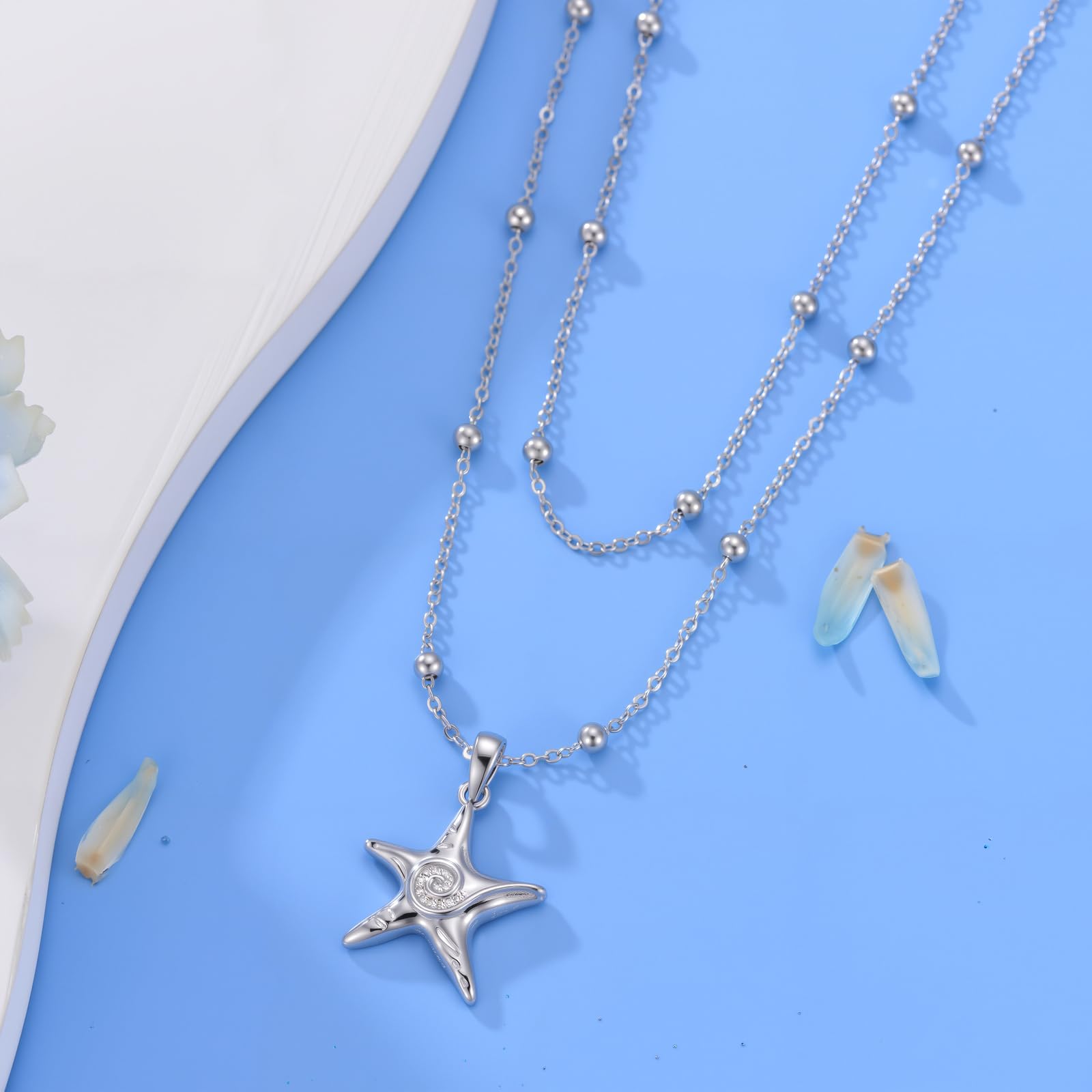 Collar de estrella de mar de diamante para mujer, plata de ley 925, multicapa, joya de playa, regalo de cumpleaños