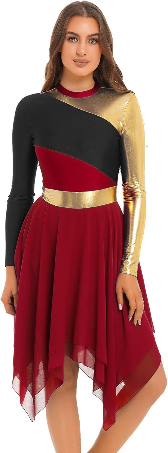 Hularka Women's Metallic Worship Praise Dance Dress Color Block Liturgical Dancewear Performance Costume