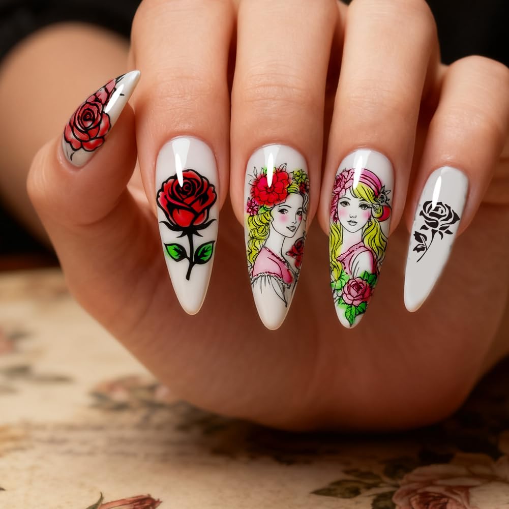PH PandaHall 97 Patterns Flower Nail Stamping Plates 3PCS Vintage Lady Rose Pattern Template Stainless Steel Nail Image Template Art Stencils with Tools for DIY Print Manicures Salon Design Supplies