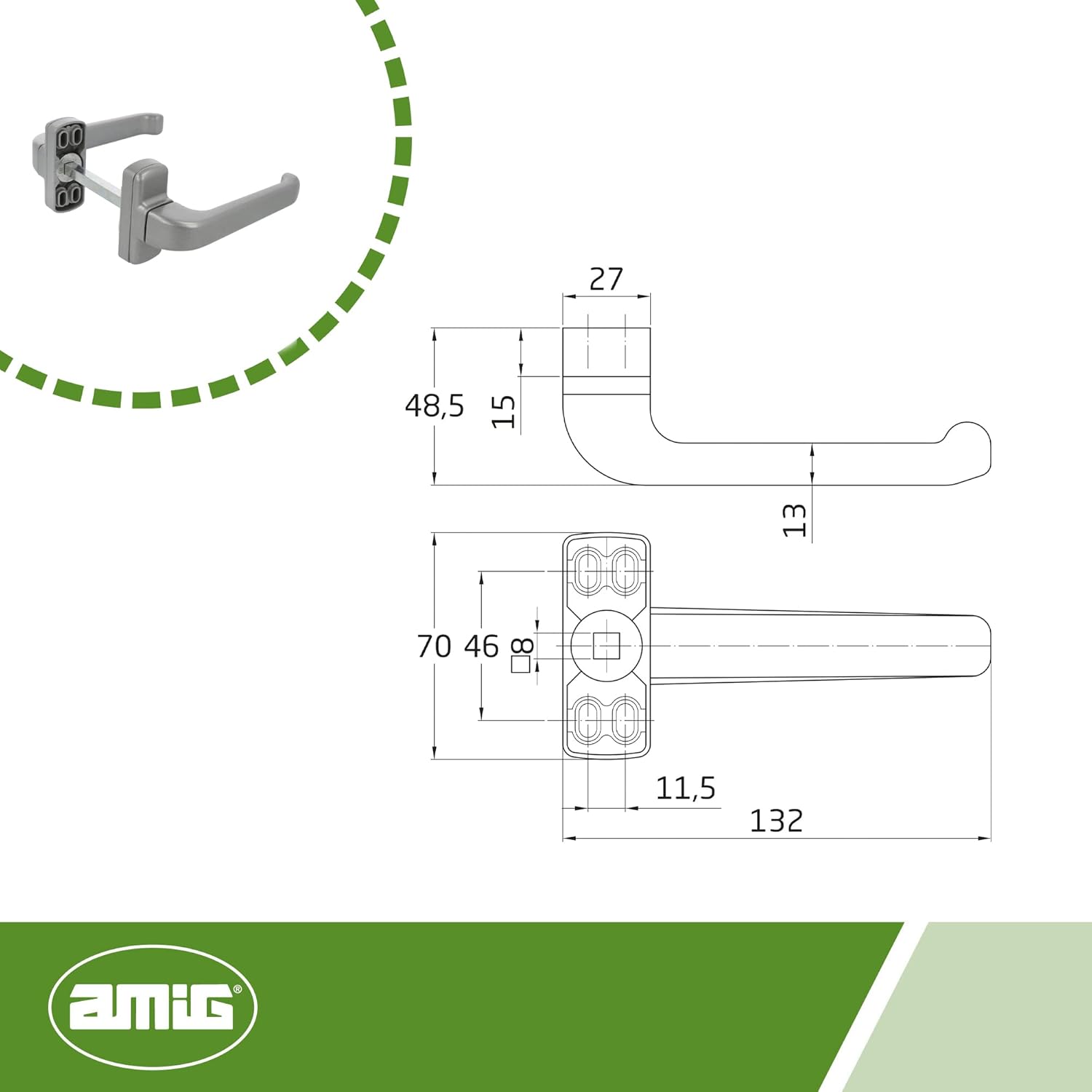 Amig Rosettes Door Handle Set | Epsilon Model | Aluminium | 132 x 70 mm | 8 mm Square | Colour: Silver
