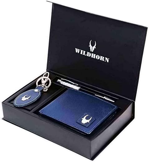 WILDHORN Blue Leather Wallet Keychain & Black Diamond Pen Combo for Men I Gift Hamper