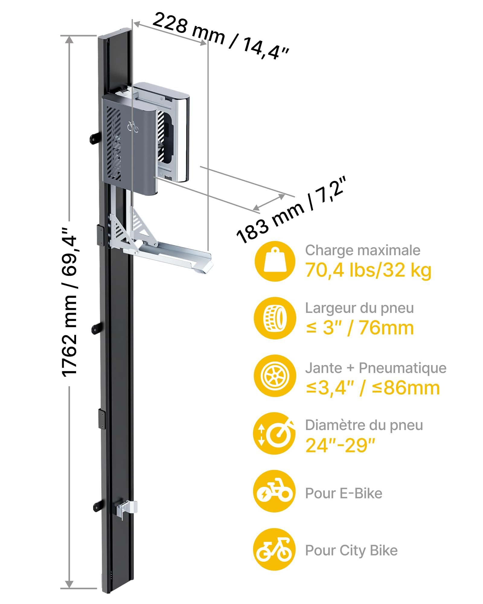 monTEK Porte Velo Automatique,Pneus 24-29",Charge Max 32Kg | Support Cintre de Vélo, Porte Mural Pour Vélo Electrique, Porte-Vélo Vertical, Levage Automatique,Élévateur de Vélo