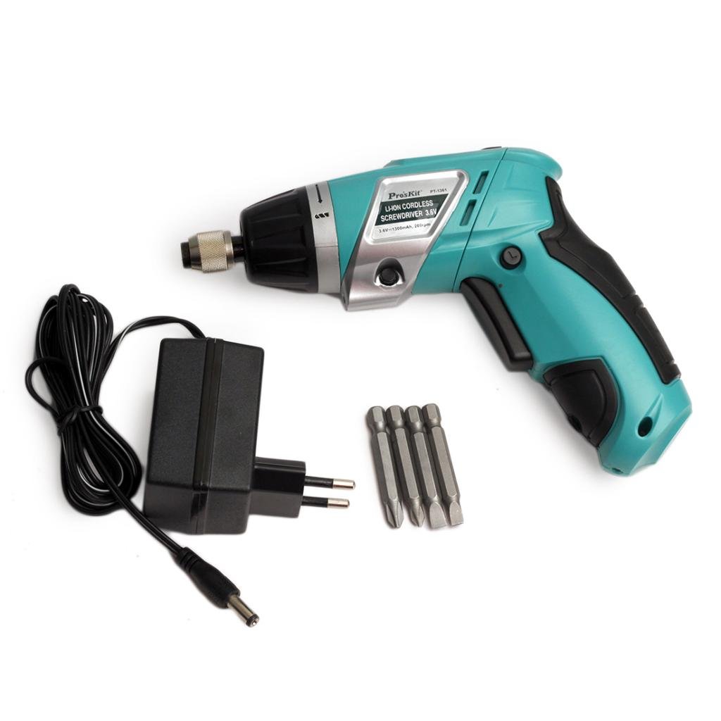 Pro'sKit PT-1361F Cordless Screwdriver with charger and bits, side view