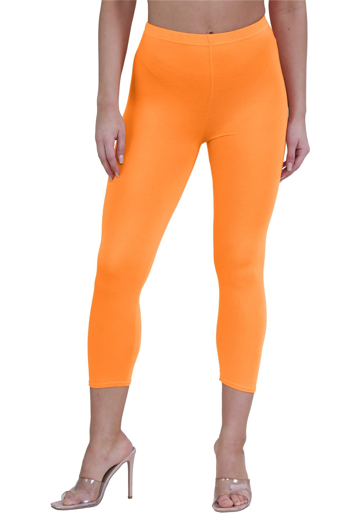 janisramone Womens Ladies New Plain Stretchy 3/4 Leggings Workout Tight Gym Cropped Capri Active Pants Neon Orange