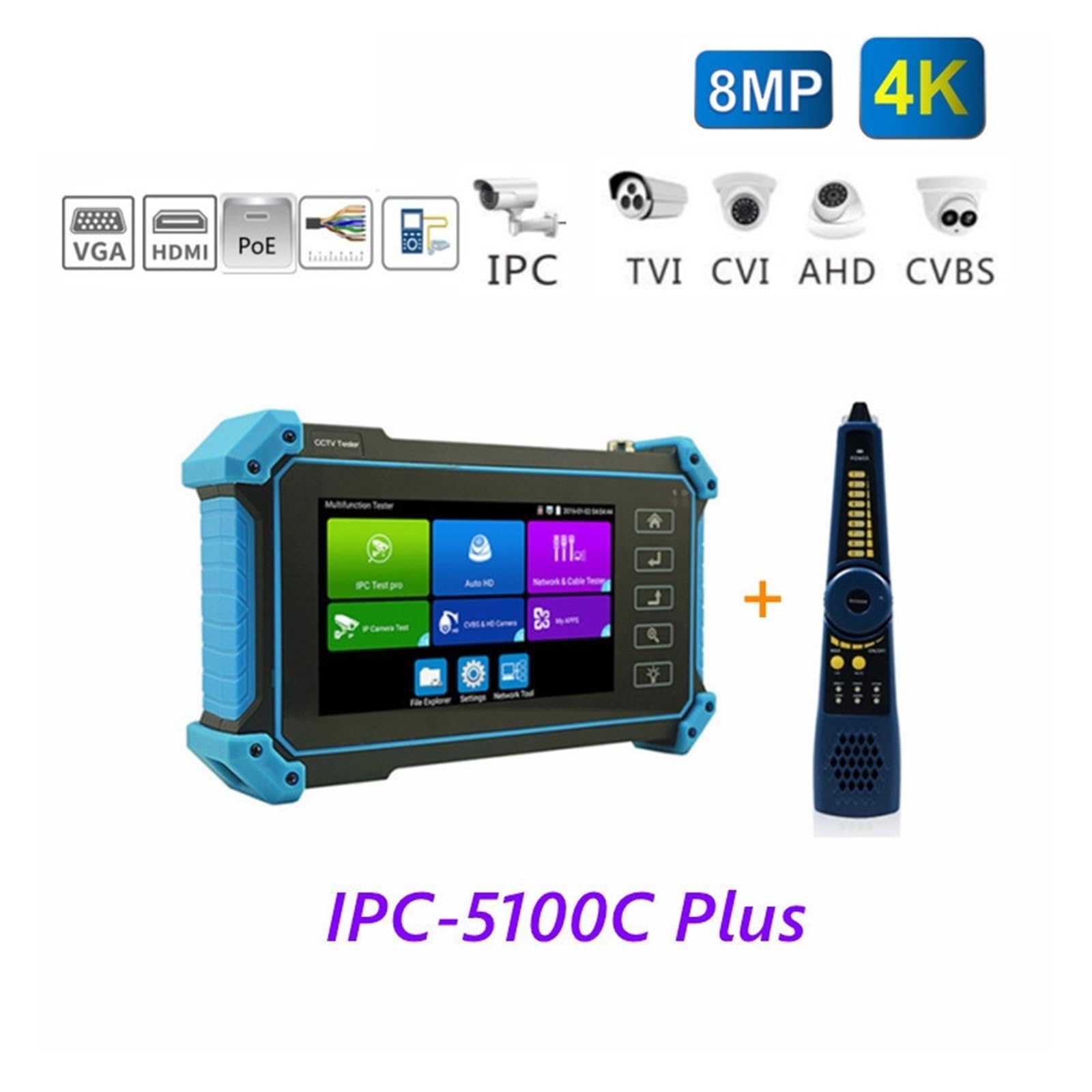 Tester CCTV, Telecamera IP CCTV Tester AHD CVI TVI SDI 5 Pollici Touch 4K VGA Ingresso Sicurezza Poe IPC Tester Cftv Mini Monitor Portatile Tester(IPC-1910 Plus)