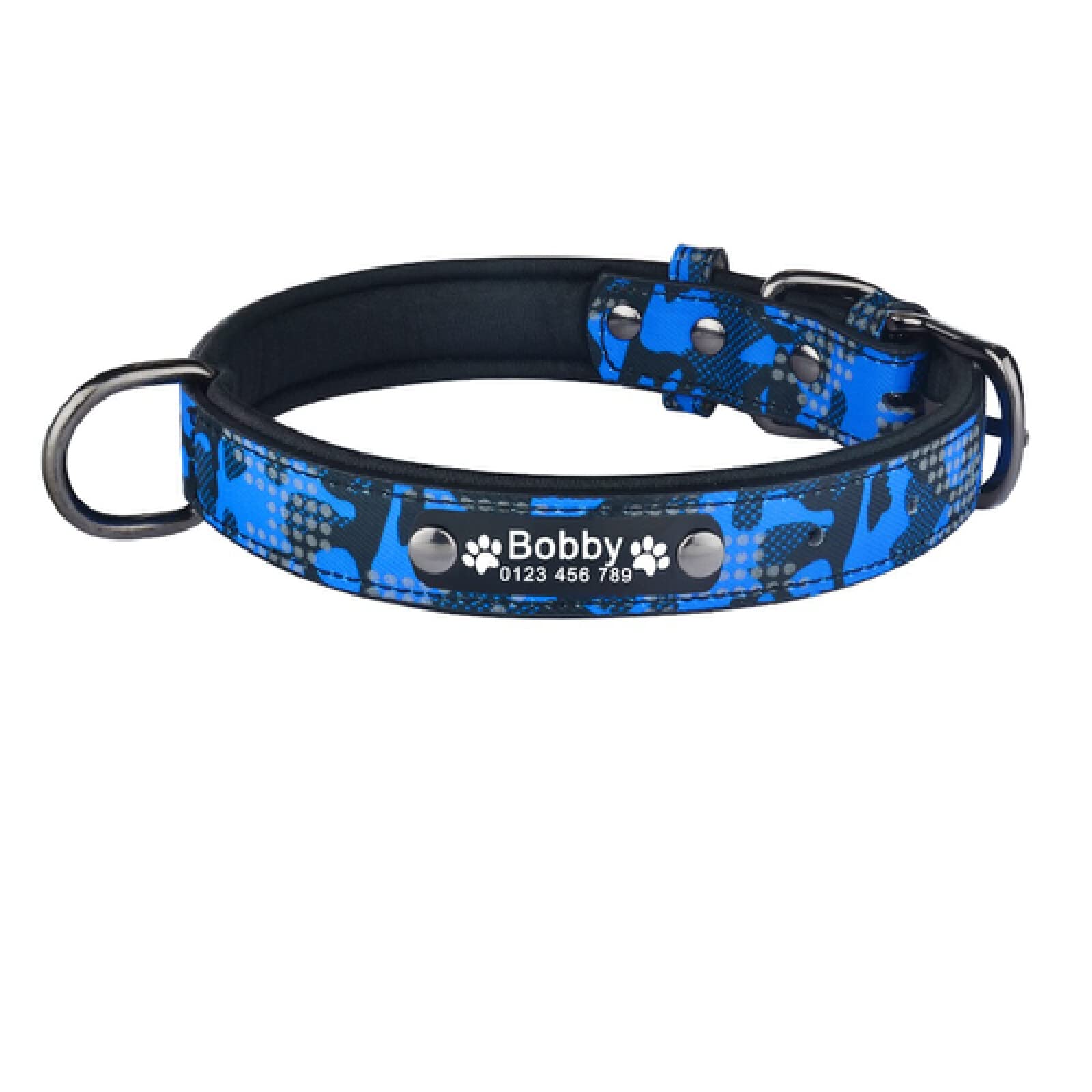 Collier de chien personnalisé bleu en nylon réglable taille M avec gravure nom
