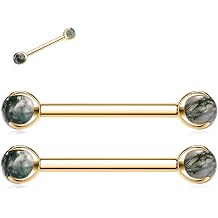 FUNLMO 1 Pair Nipple Piercing Jewelry Nipple Rings Titanium Tongue Rings Bridge Piercing Jewelry Internally Threaded Moss Agate Nipple Barbells