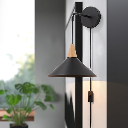 Miniatura 4 de Lámpara de pared industrial enchufable para mesita de noche, lámpara de pared negra con cable de enchufe para sala de estar, granja, aplique de