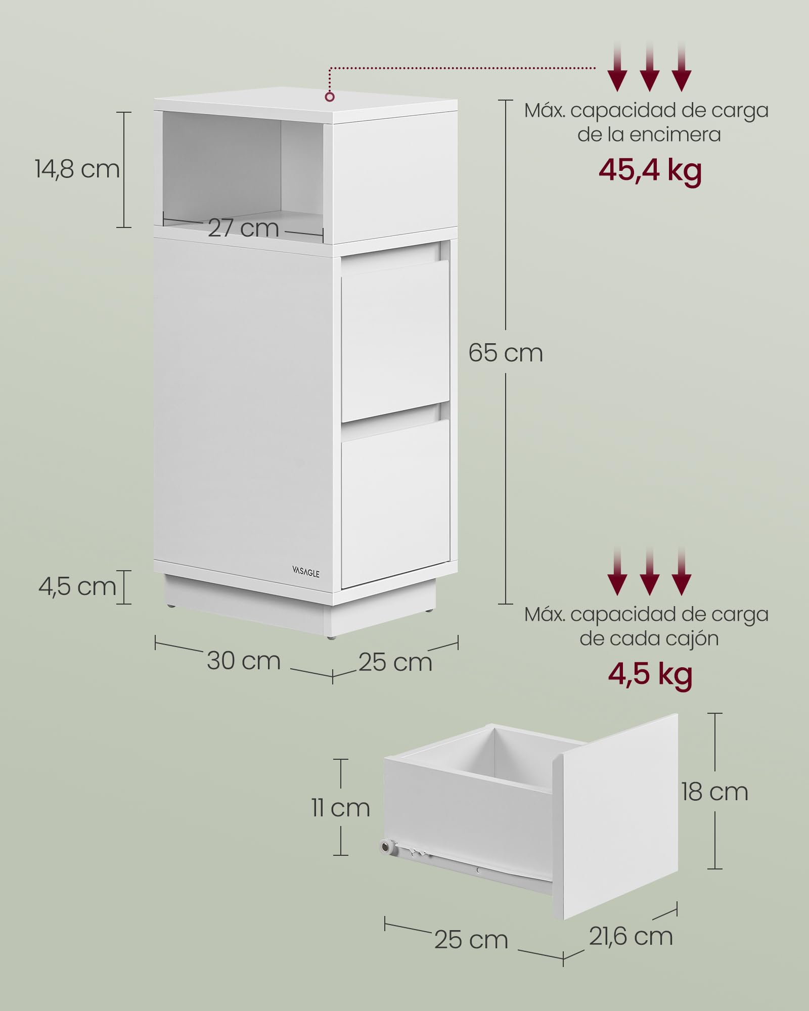 VASAGLE Kailyn Colección - Mesita de Noche Estrecha, Mesa Auxiliar con 2 Cajones y Compartimento Abierto, Encajable a la Izquierda o a la Derecha, Dormitorio, Salón, Blanco Nube LET656W01V1