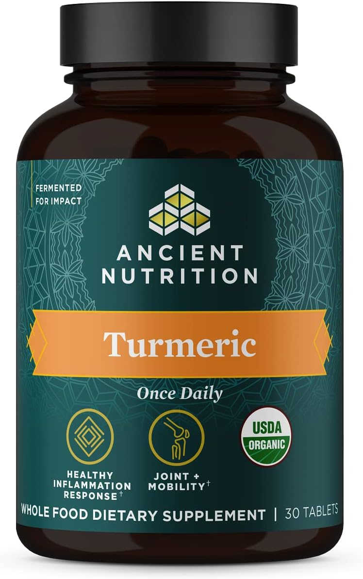 Ancient NutritionTurmeric Capsules, Once Daily, Use as a Joint Supplement and Supports Inflammation, Gluten Free, Paleo and Keto Friendly, 30 TabletsUSDA Organic