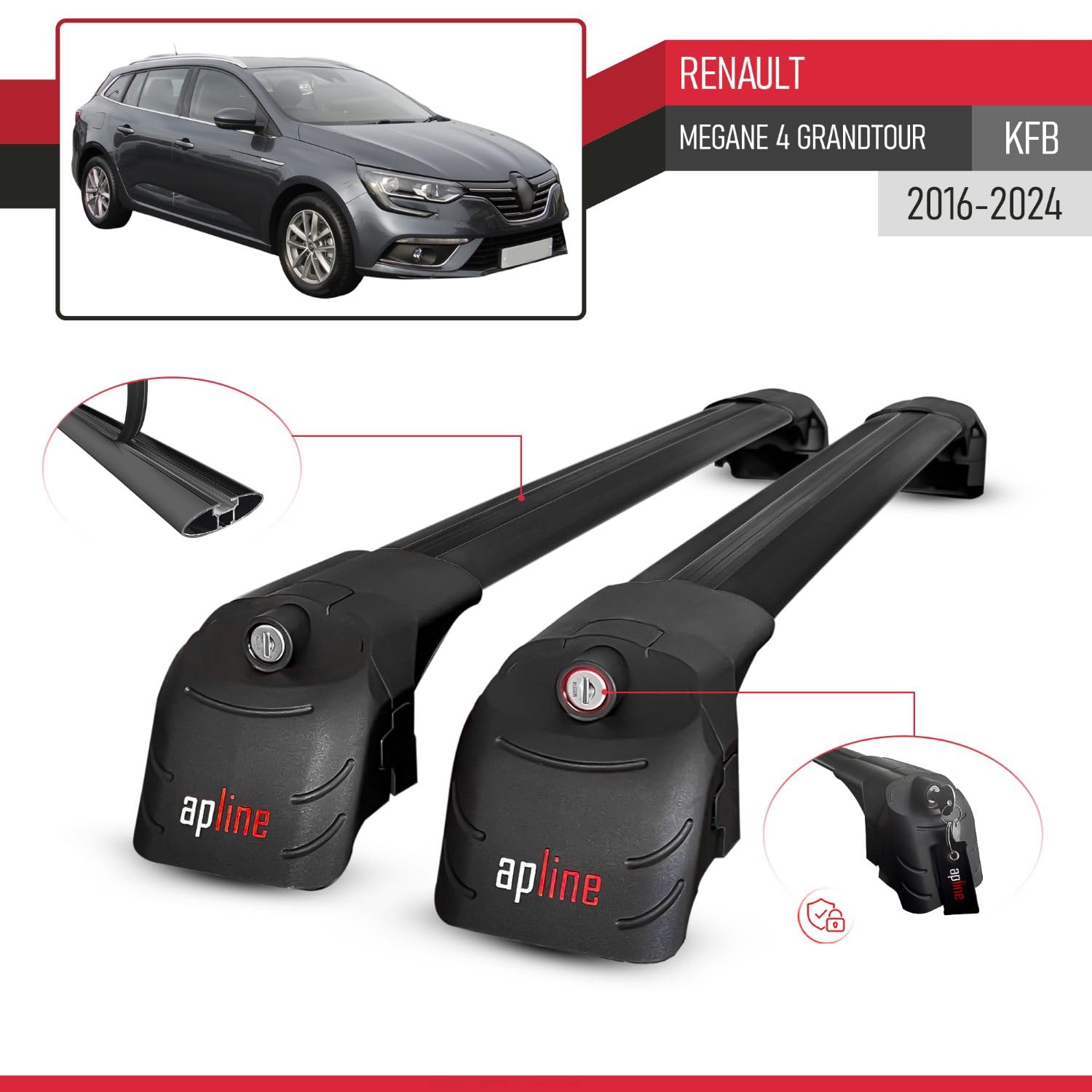 Kompatybilny z Renault Megane 4 (KFB) Grandtour 2016-2024 ACE-2 Model Aluminiowe poprzeczki dachowe Czarny 2 szt.