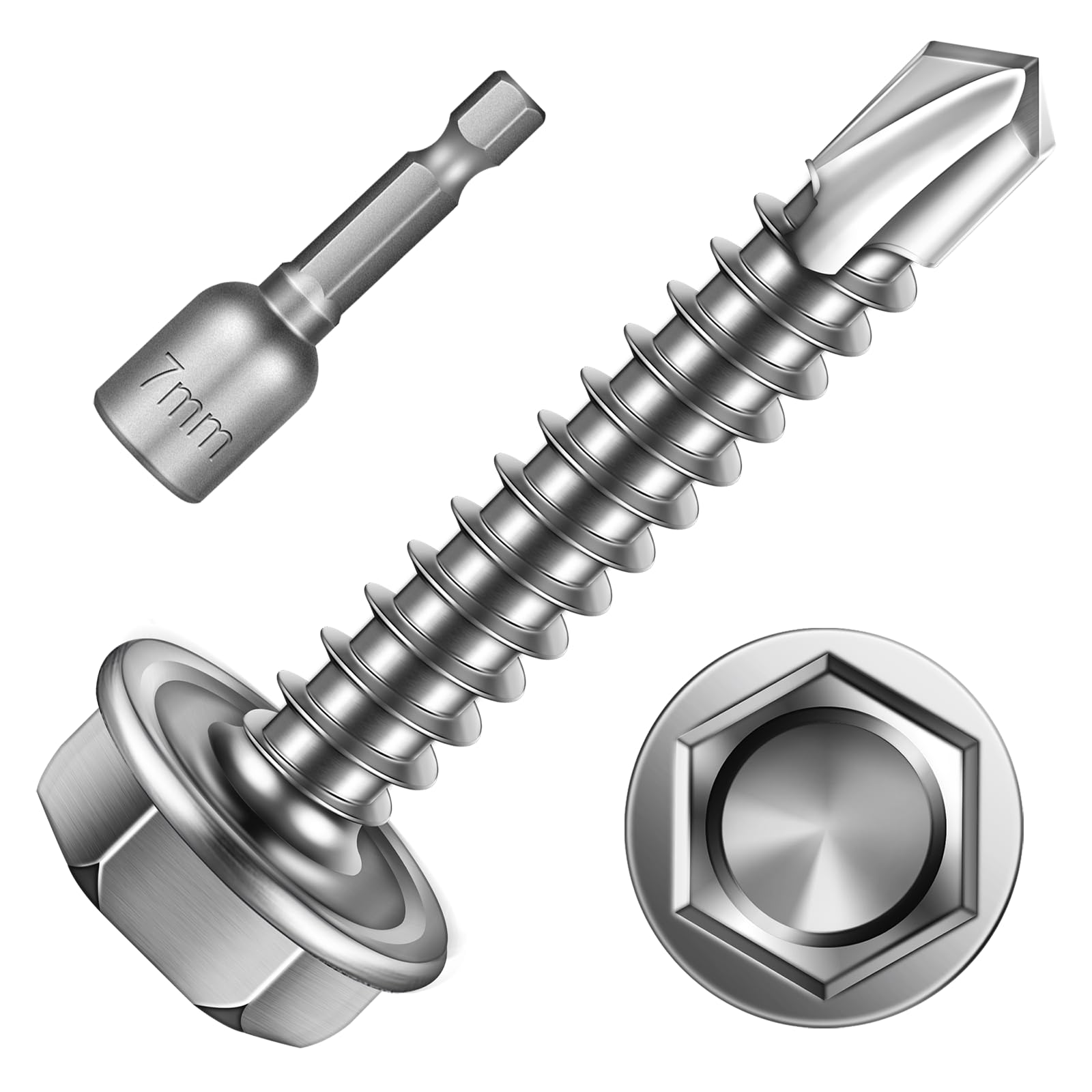 Mywish 200pcs #8×1" Self Tapping Screws, 410 Stainless Steel Self Tapping Tek Screw, Hex Washer Head Self Drilling Screws High-Strength Metal Screws,