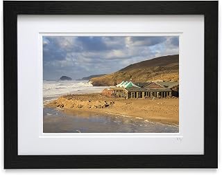 A4 framed photograph by Andrew Ray featuring high tide at the Watering Hole on Perranporth Beach in Cornwall.