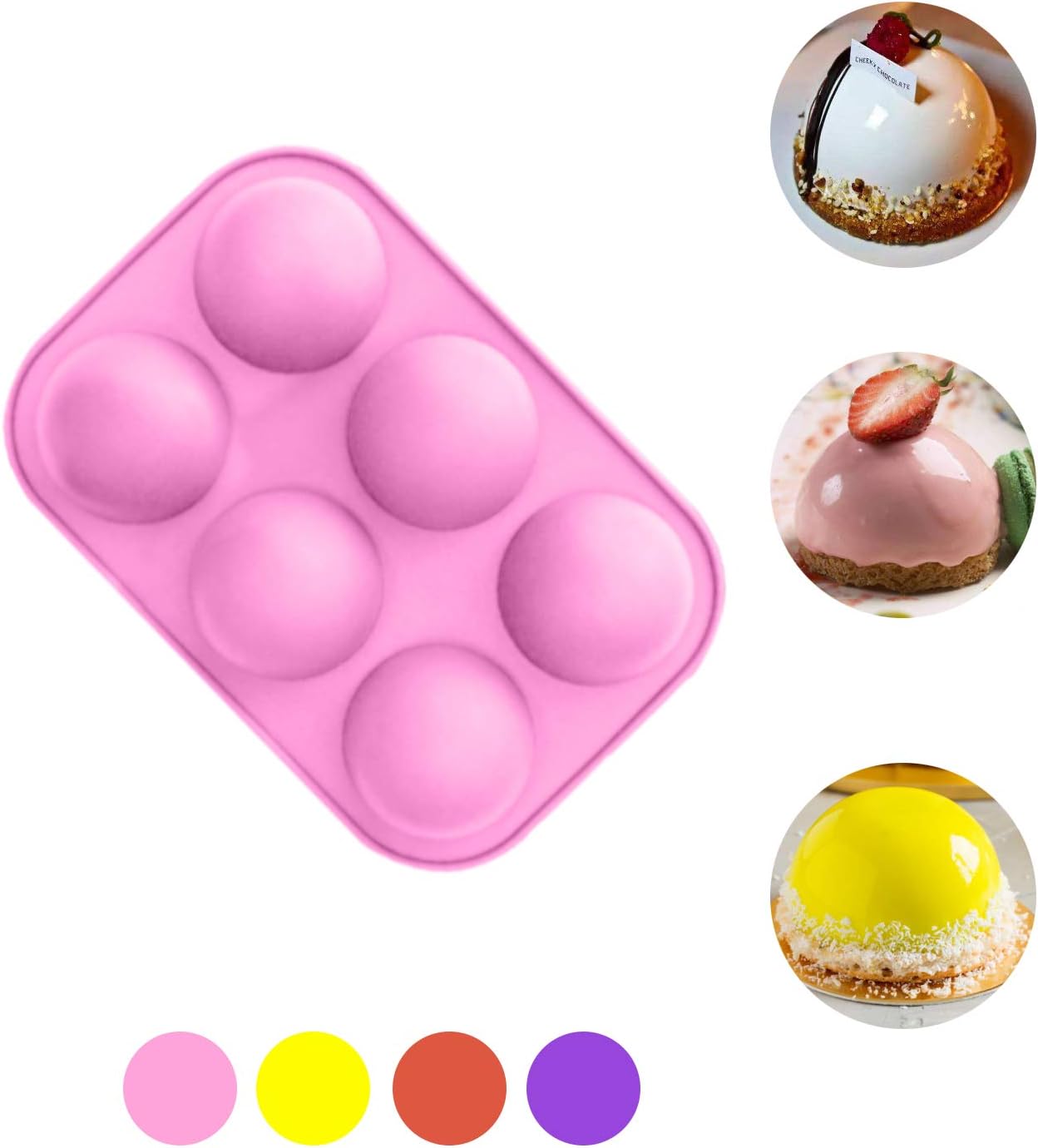 Chocolate Silicone Mold 6-Cavity Semi Sphere Half Sphere Silicone Baking Molds for Christmas and Wedding Cake Decor Making Chocolate, Cake, Jelly, Dome Mousse (Pink, Medium, 1 Pc)