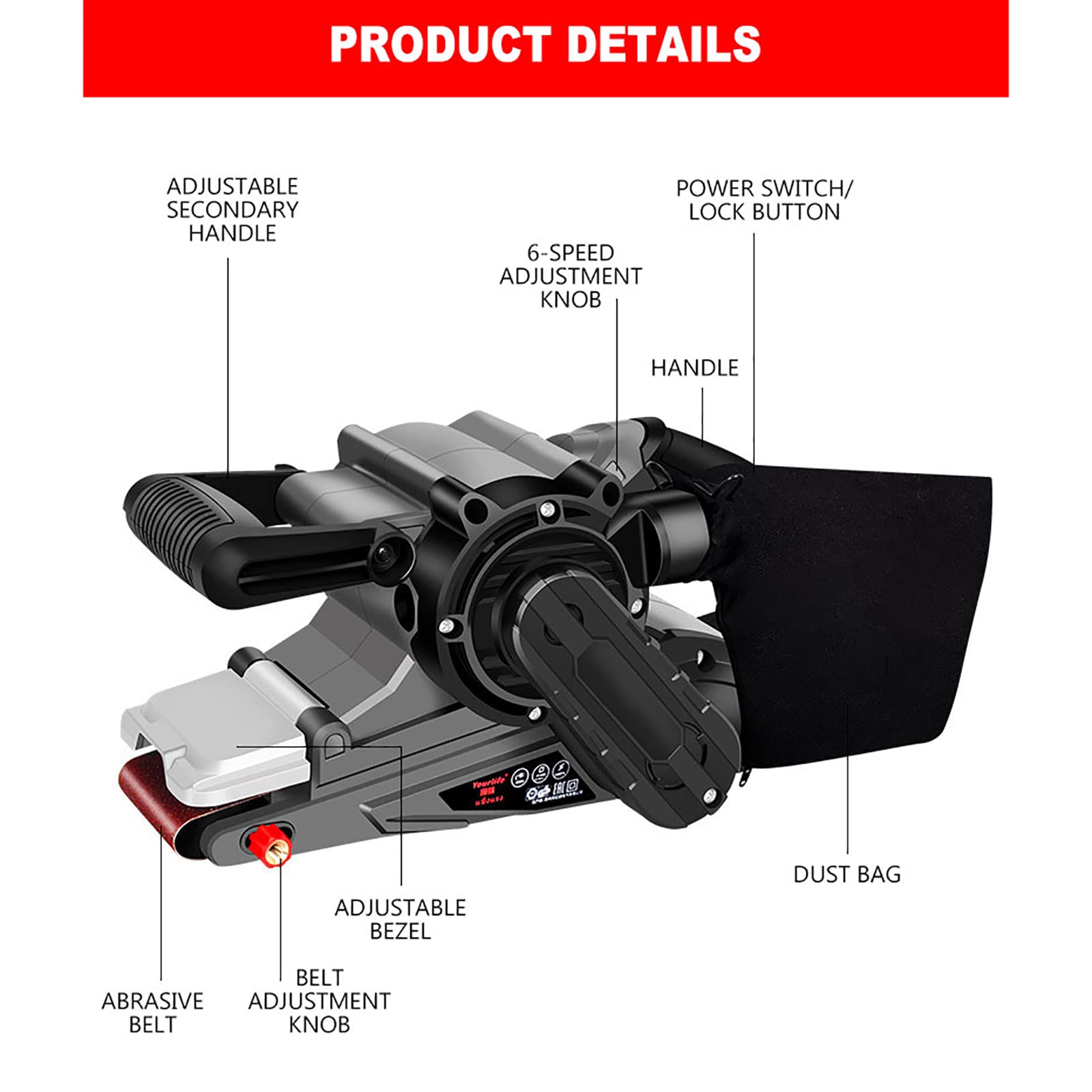Lijadora De Banda Manual, Lijadora De 1200 W Con Bolsa De Vacío, Ajuste De Velocidad Variable De 6 Velocidades, Utilizada Para Desoxidar Y Pulir Superficies Irregulares De Madera Y Metal