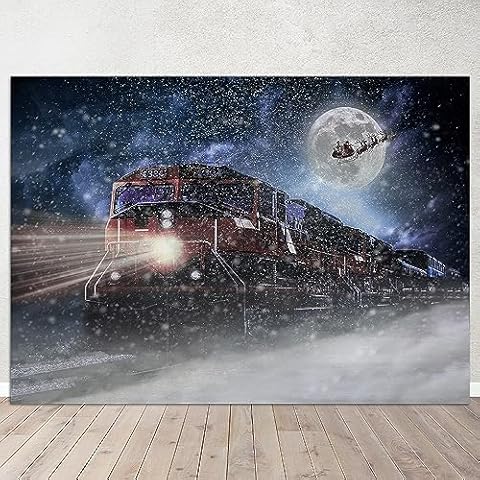 Yongqian 7x5ft Full Moon Winter Snowing Night Photography Backdrop Christmas Decoration Winter Steam Train and Reindeer Sleigh Santa Claus Background Photo Props Cover