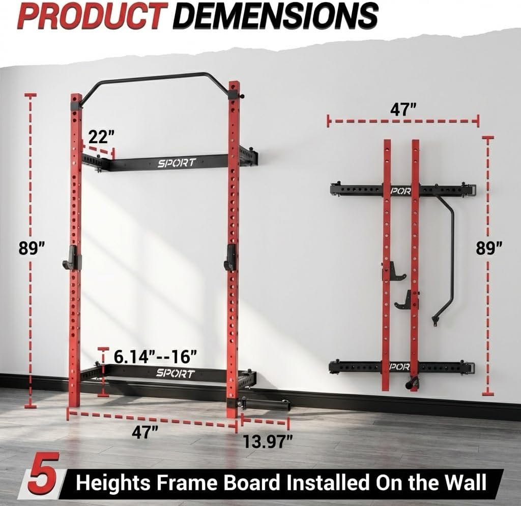 Folding Squat Rack for Home Gym – 1000 LBS Capacity Wall Mounted Power Rack with Pull-Up Bar, j-Hooks & Landmine | 2.36" x 2.36" Heavy-Duty Steel, Space-Saving Foldable Squat Cage for Home Garage