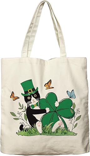 Dlzdn Bolsa de lona para el Día de San Patricio para mujeres, estética, divertida, esmoquin, gato, trébol, bolsa de compras, bolsa de playa, regalos