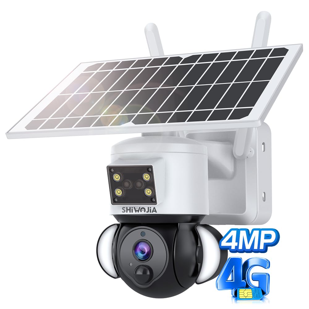 SHIWOJIA 4G Telecamera SIM Esterno con Solare, 2K 4MP 360° PTZ Telecamera Senza Fili con Batteria 12000mAh, Rilevamento PIR, Audio Bidirezionale, Allarmedi Luce Rossa e Blu, SD& Cloud archiviazione