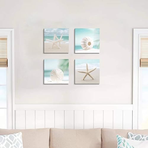 Miniatura 9 de ARTISTIC PATH Lienzo decorativo para pared, diseño de estrellas de mar y conchas marinas arte gráfico de playa arenosa para baño (12 pulgadas de