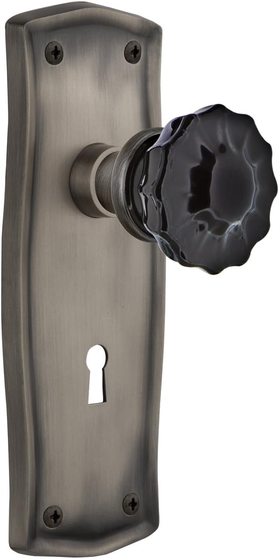 Nostalgic Warehouse 726871 Prairie Plate Crystal Black Glass Door Knob in Timeless Bronze, Passage 2.75 with Keyhole