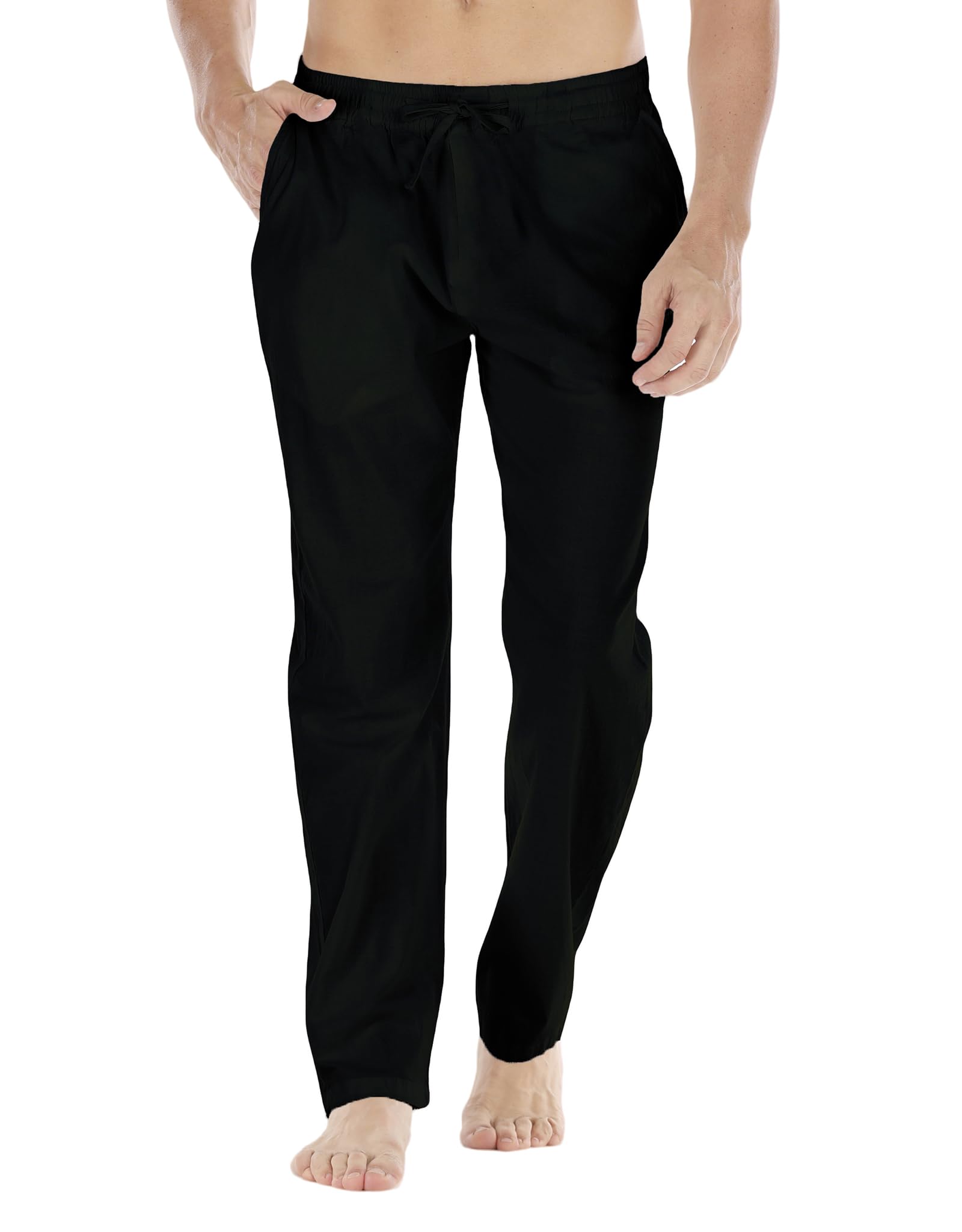Photo 1 of ChicCharm Mens Loose Fit Linen Pants Casual Lightweight Drawstring Stretch Cotton Linen Pants for Men Summer Beach Black M