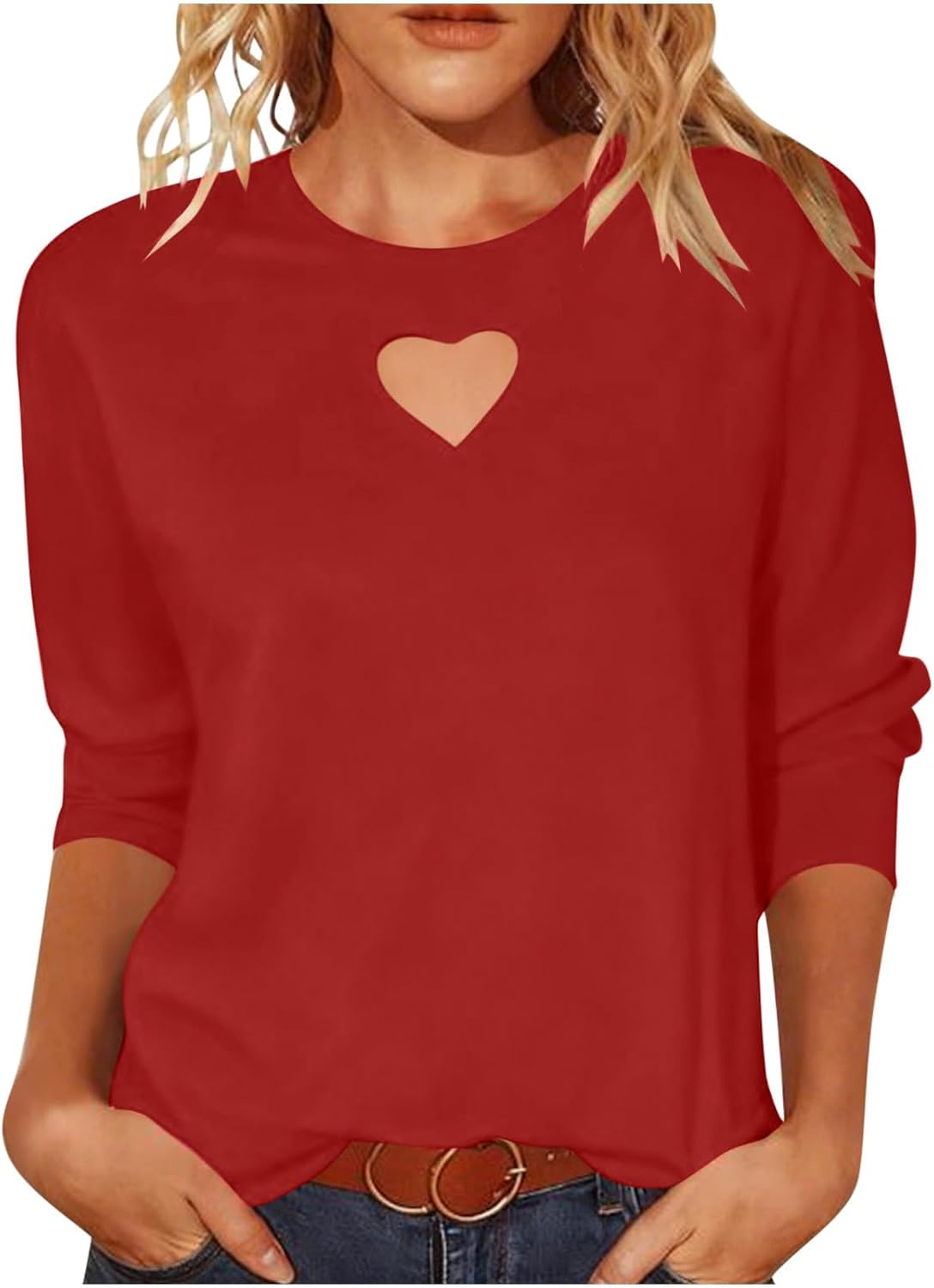 Womens Crewneck T Shirts 3/4 Sleeve Heart Cutout Cute Spring Summer Casual Tops Going Out Fashion Solid Blouses